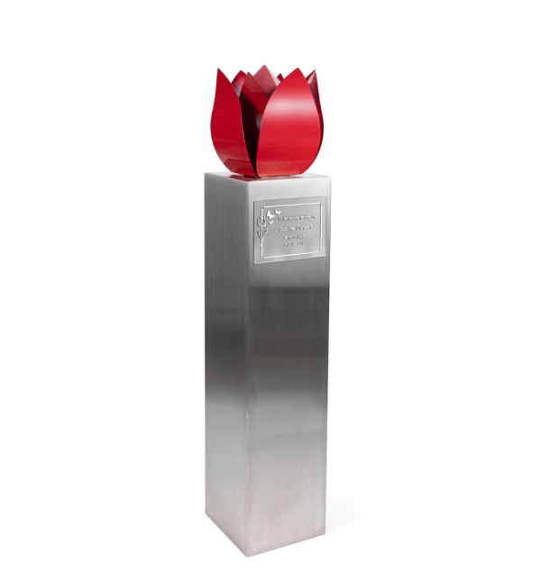 RVS urn - Tulp rood groot met RVS zuil
